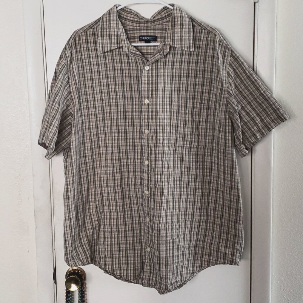 Cherokee Tan/Green & Blue Plaid 100% Cotton Button Up Short Sleeve Shirt SZ XXL